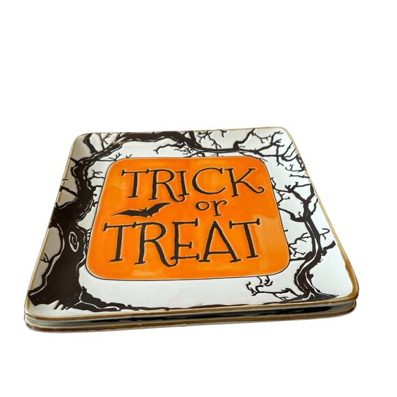 Eli+ Ana TRICK OR TREAT Plate Set of 2 Ceramic 8.75in Spooky Square New - Picture 5 of 13